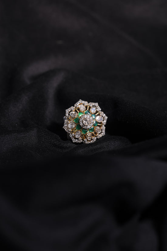 Floral Emerald Double Halo Cocktail Ring