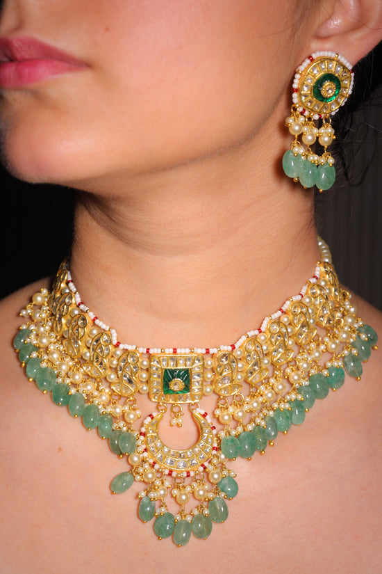 Polki and Emerald Crescent Pendant Necklace