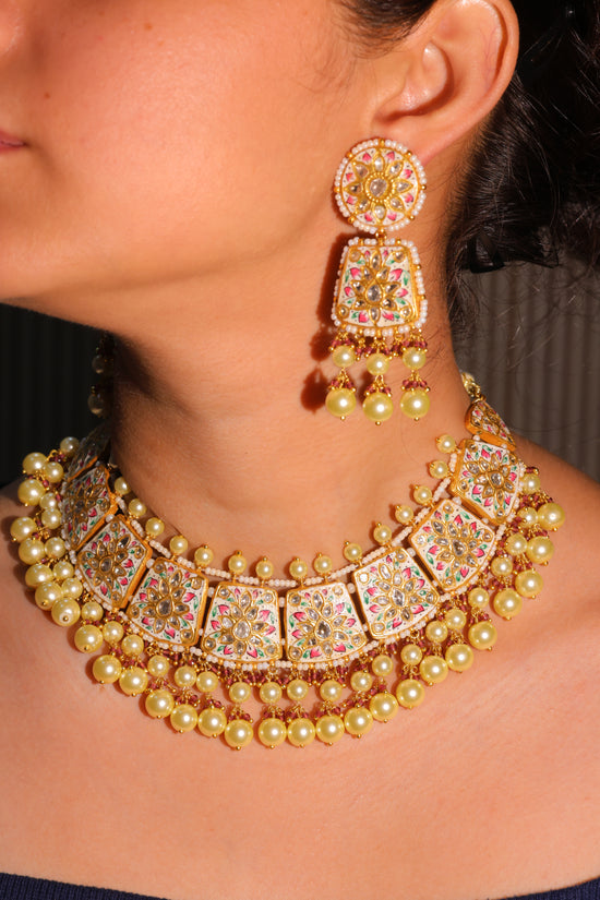 Floral Enamel Necklace Set with Pearl Detailing