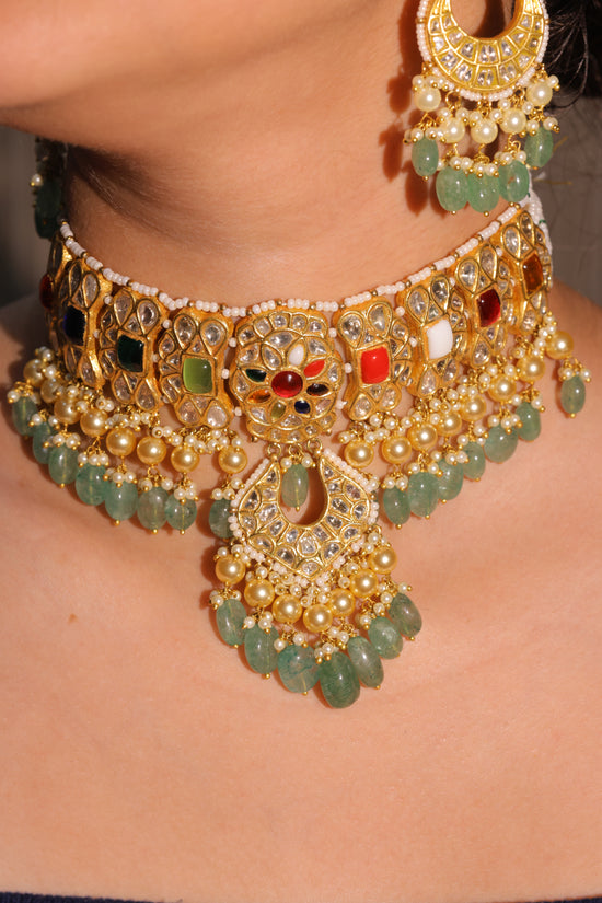 Multistone Heritage Choker with Green Drops