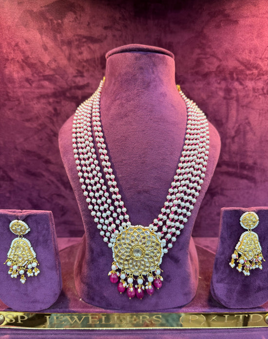 Pearl Strand Necklace with Floral Pendant and Red Beads
