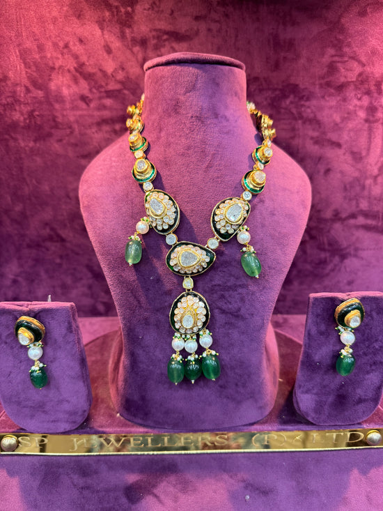 Enamel Polki Necklace Set with Green Accents