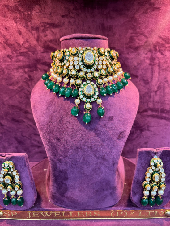 Green Stone and Polki Wide Necklace Set