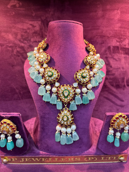 Ruby Polki Pearl Drop Necklace Set