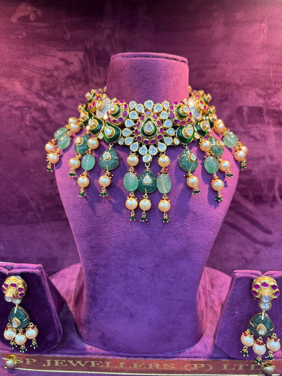 Emerald Polki Enamel Choker Necklace Set
