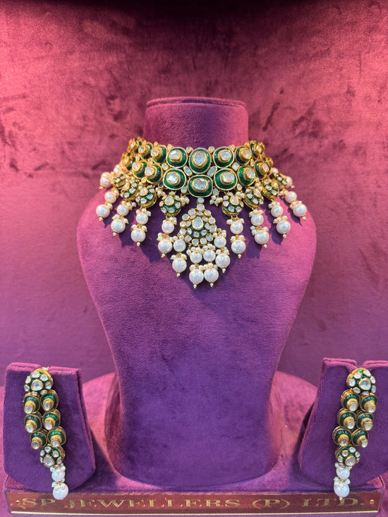 Emerald Meenakari Polki Pearl Choker Set
