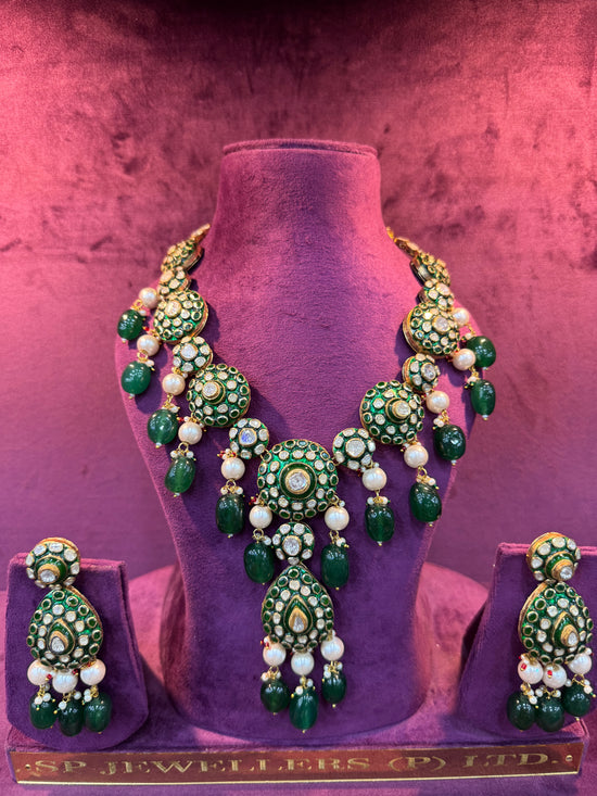 Emerald Meenakari Polki Pearl Necklace Set