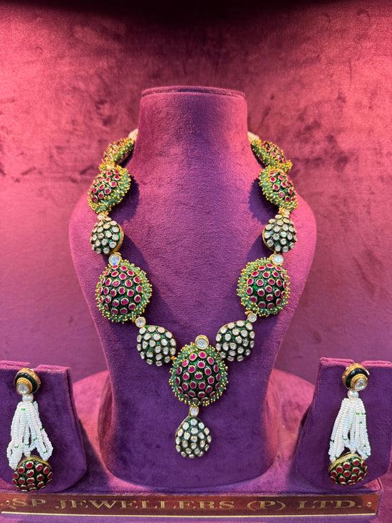 Ruby Emerald Polki Motif Necklace Set