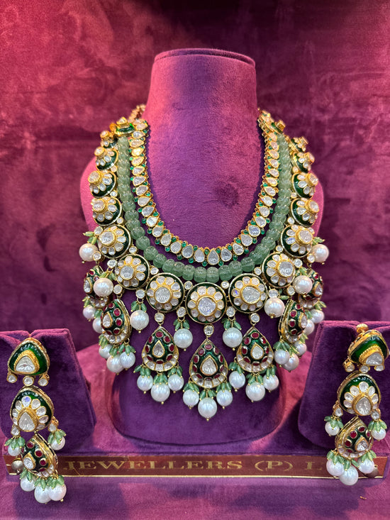Green Beaded Floral Polki Necklace Set