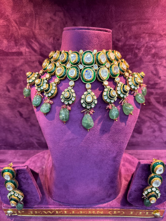 Emerald Meenakari Polki Choker Necklace Set