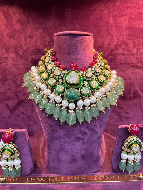 Devanshi Polki Emerald Pearl Necklace Set