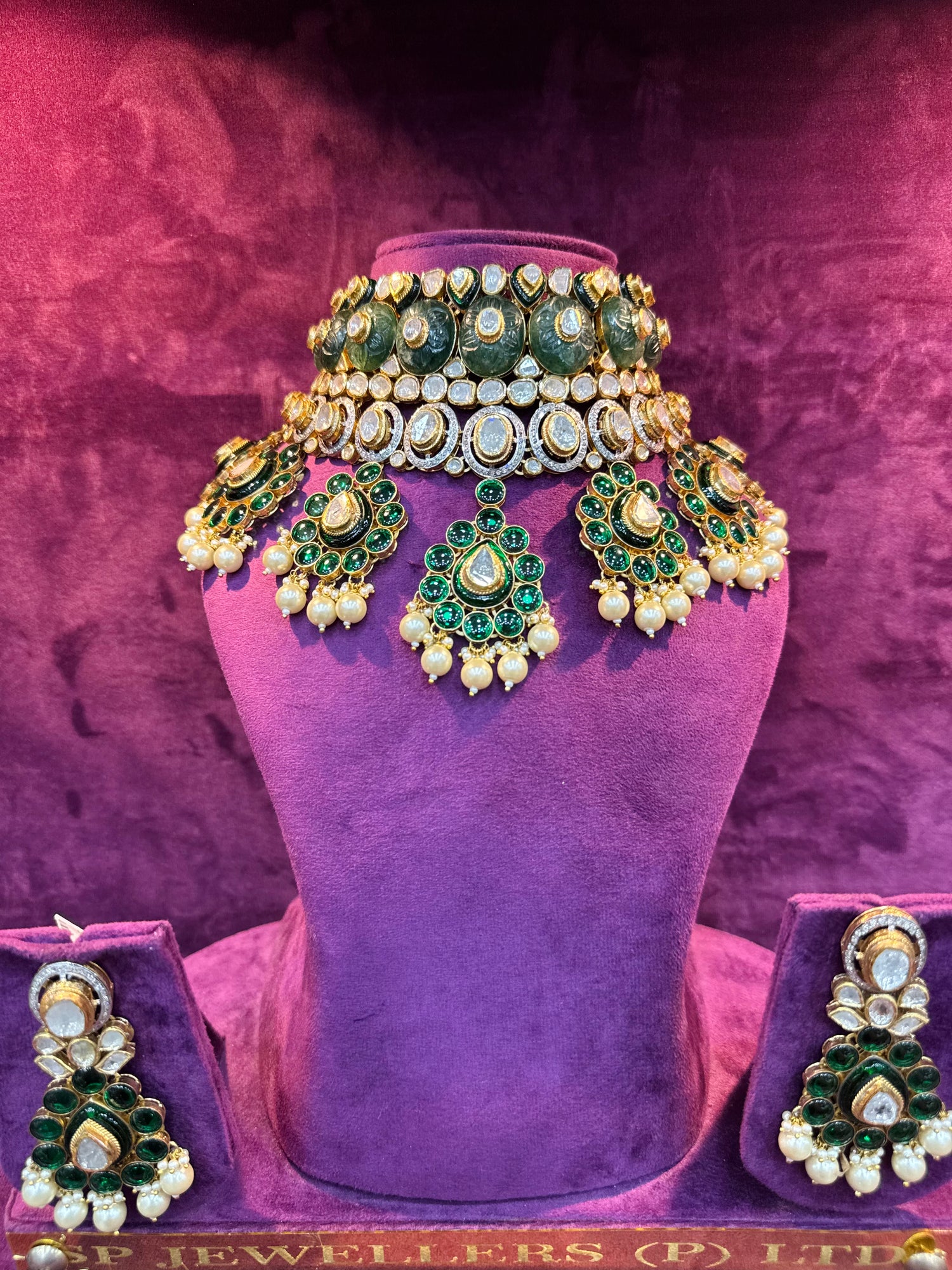 Designer bridal polki necklace in gold for premium wedding look by SP Jewellers
