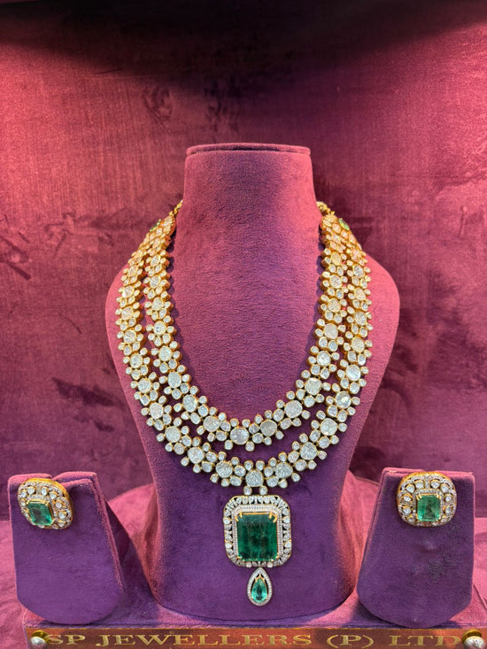 EMERALD ROYAL POLKI HAAR SET | OPEN SETTING DIAMOND POLKI SET
