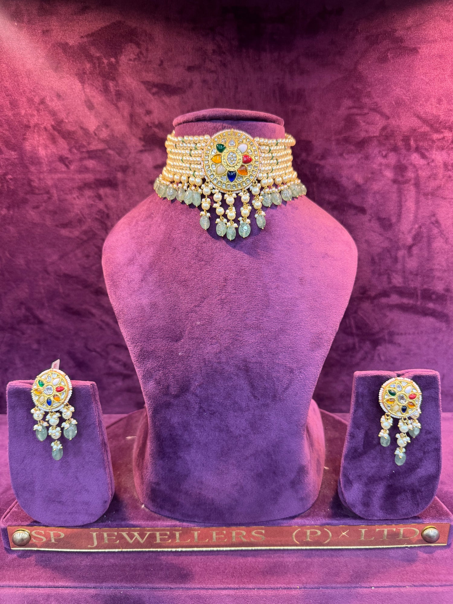 Classic Bridal Polki Necklace with Pearl Drops in Gold, Luxury Wedding Jewelry by SP Jewellers
