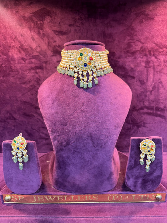 Classic Bridal Polki Necklace with Pearl Drops in Gold, Luxury Wedding Jewelry by SP Jewellers