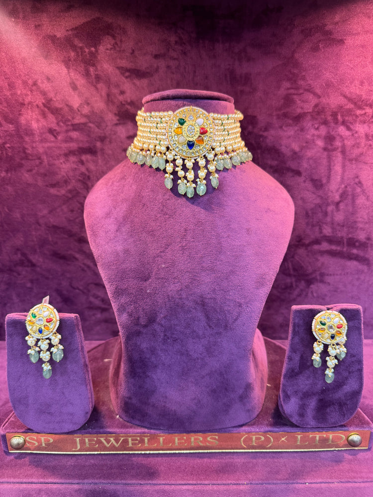 Classic Bridal Polki Necklace with Pearl Drops in Gold, Luxury Wedding Jewelry by SP Jewellers